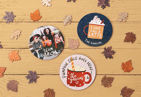 Unisub fall coasters with fall pictures of mugs and friends printed using the sublimation process.