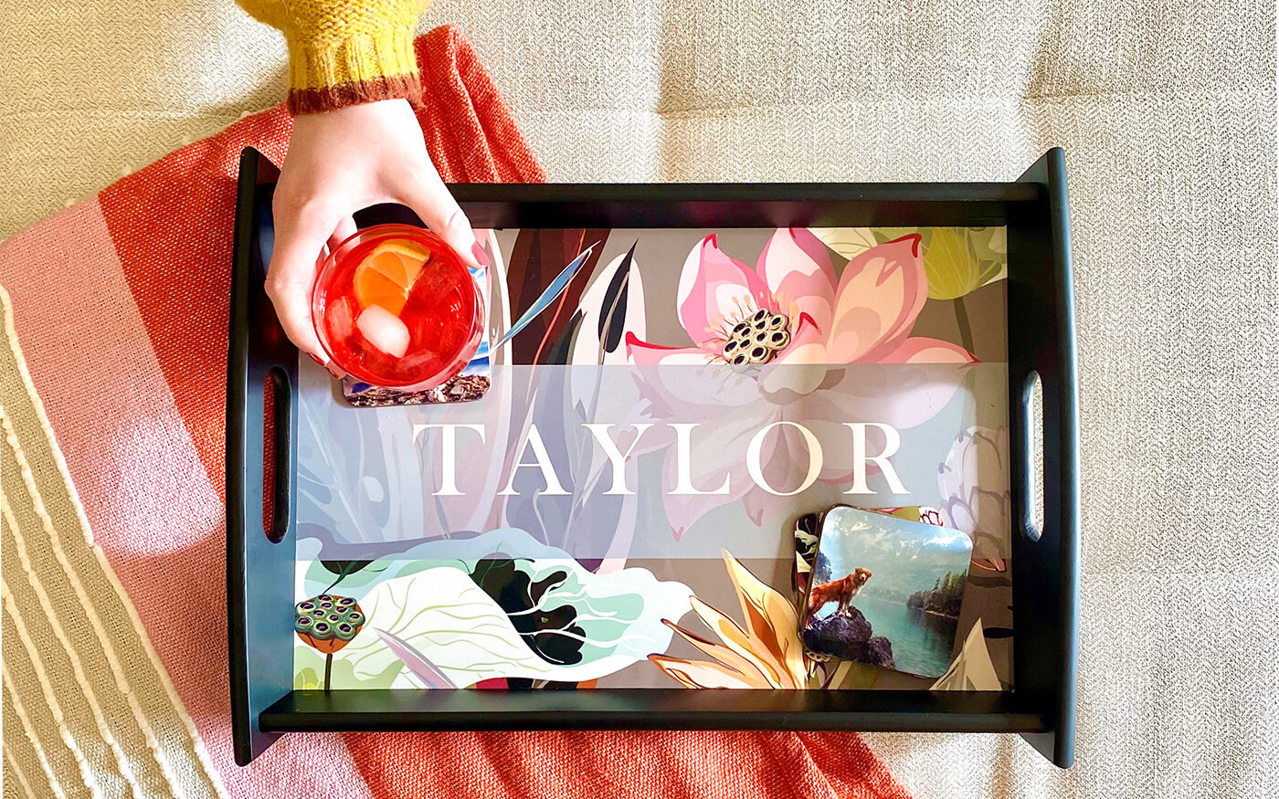 Personalized serving tray with the name Taylor sublimated on it and a floral design. z