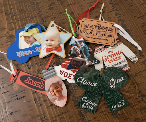 Ornaments made for Chrismas and special occasions cut with the Glowforge laser and made with Unisub material.