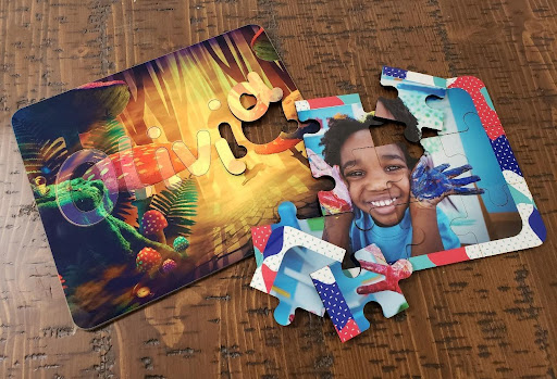 Finished custom puzzle cut with the Glowforge and made from Unisub hardboard, perfect for photo puzzles or digital art puzzles.