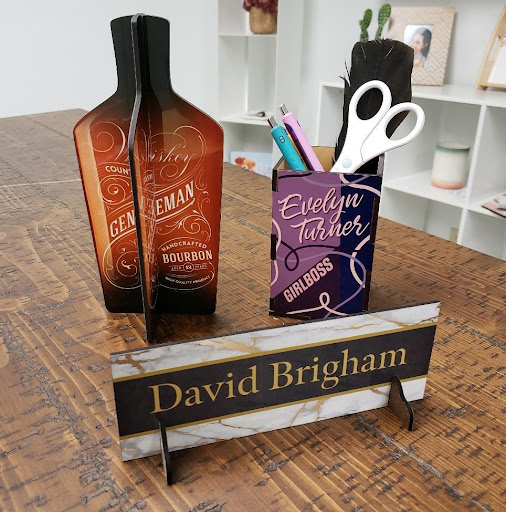 Custom pen holder, name tag, and a gift for a boss made with Unisub hardboard and Glowforge.