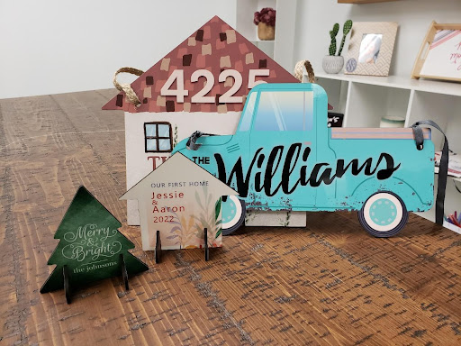 A finished Glowforge project, Holiday and personalized tabletop decor, made with Unisub materials and a hobby laser