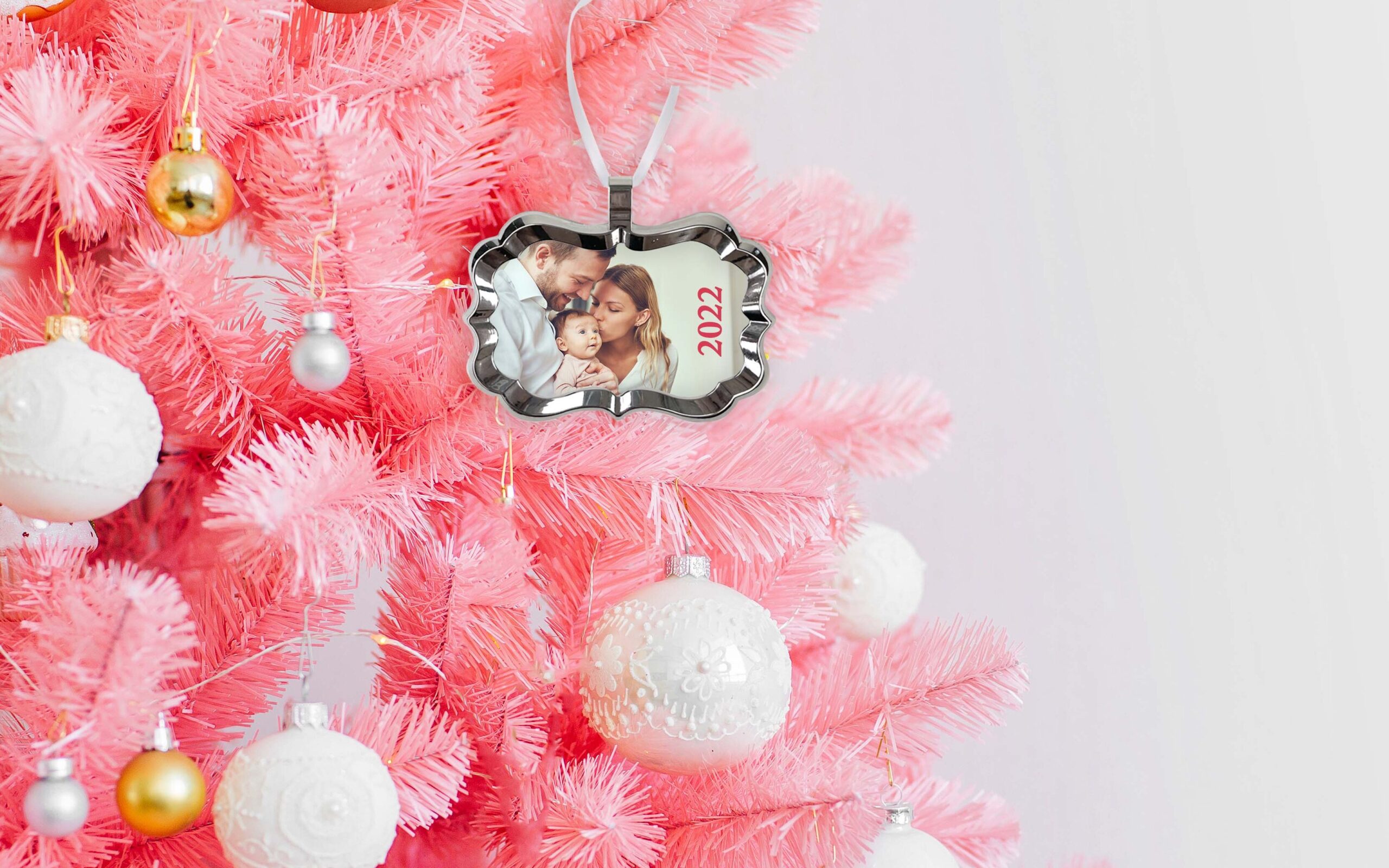 Benelux Framed Ornament with a holiday family photo on a pink Christmas tree for stylish sublimation designs. 