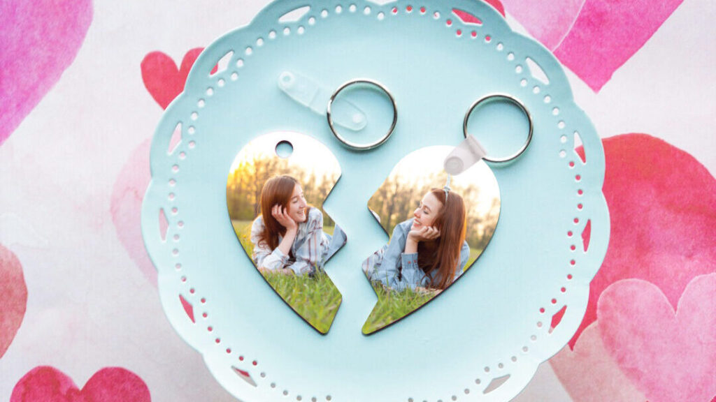 Two part heart personalized key chain for Valentine's Day sublimation ideas. 