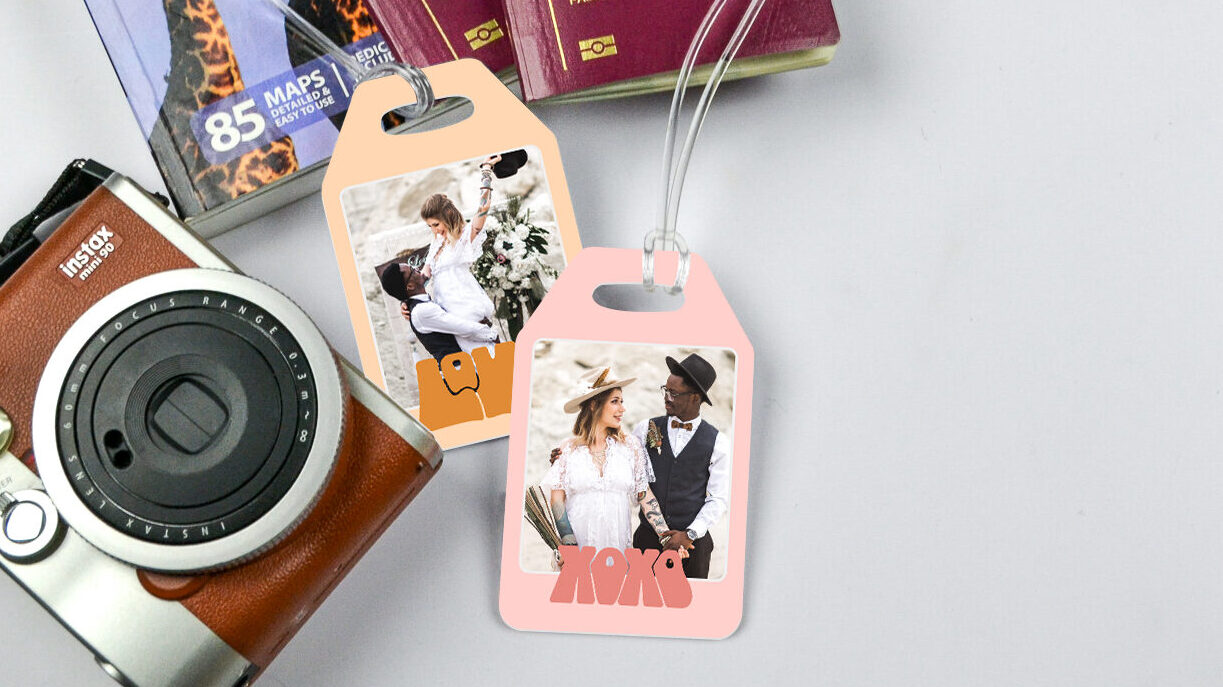 Matching his and hers wanderlust bag tag great for Valentine's Day sublimation ideas.
