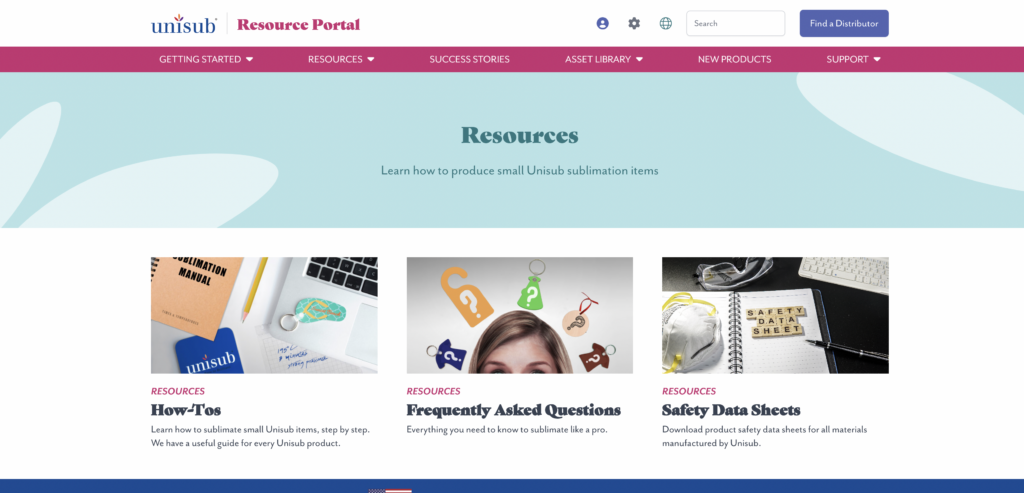A screenshot of the Unisub Resource Portal where you can find free sublimation downloads, templates, and free designs.
